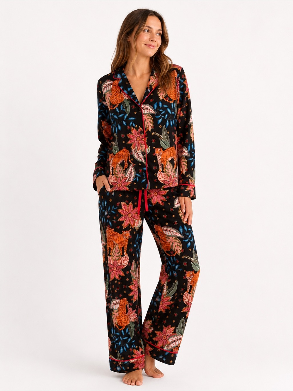 Black Floral Tiger Print Pajama Set
